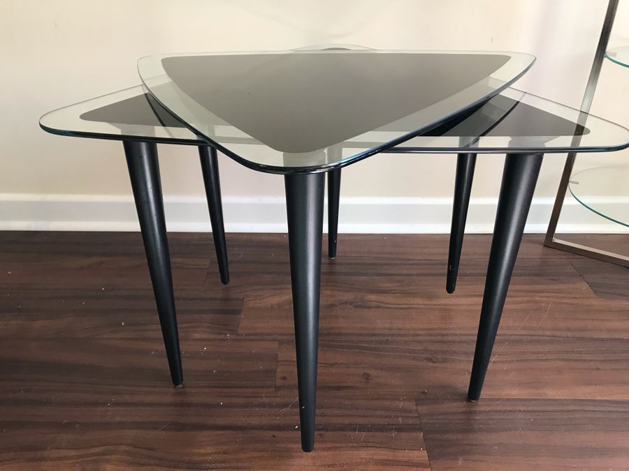 Pair Of Modernist Triangular Glass Top Side Tables