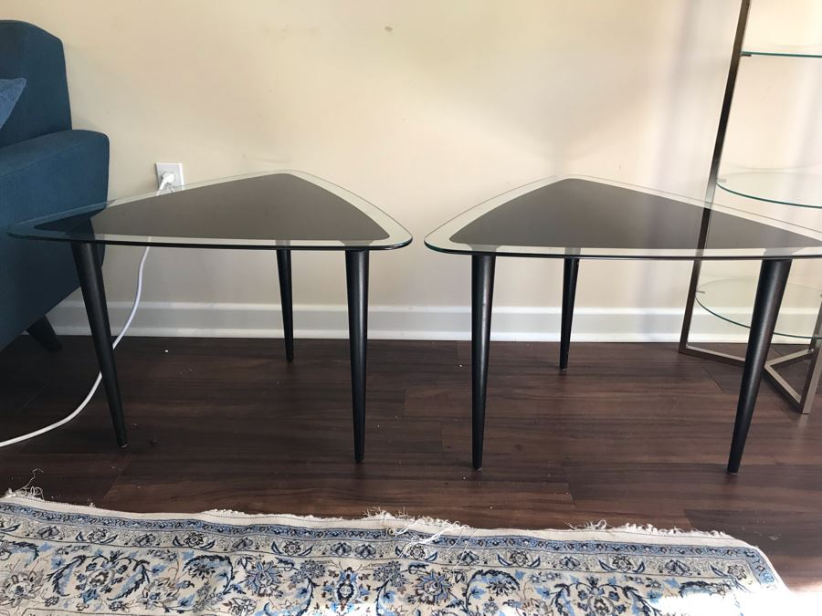 Pair Of Modernist Triangular Glass Top Side Tables [Photo 3]