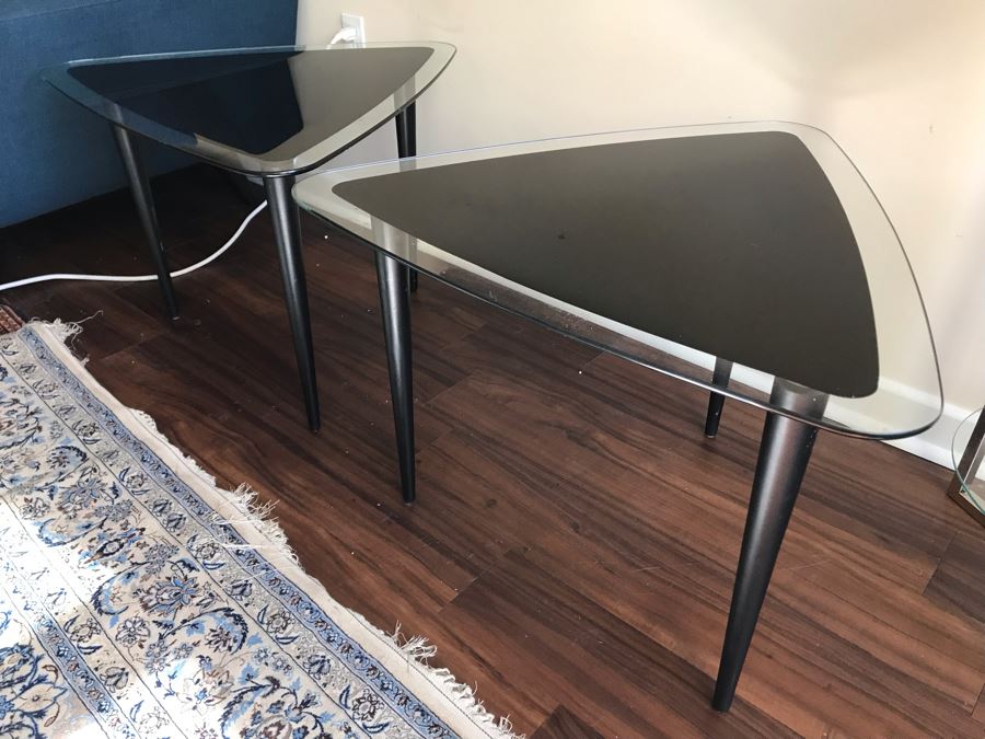 Pair Of Modernist Triangular Glass Top Side Tables [Photo 10]