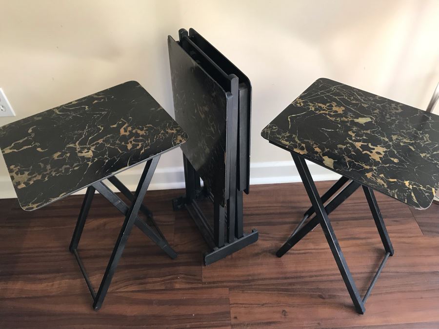 Set Of (4) Vintage Hostette Tables Genuine Woodcraft With Storage Caddy Folding [Photo 7]