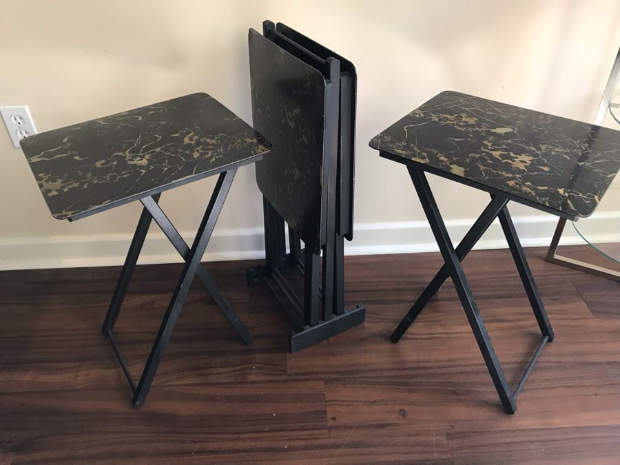 Set Of (4) Vintage Hostette Tables Genuine Woodcraft With Storage Caddy Folding [Photo 6]