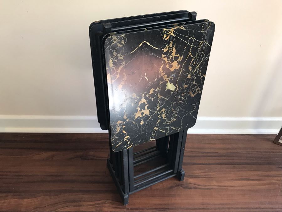 Set Of (4) Vintage Hostette Tables Genuine Woodcraft With Storage Caddy Folding [Photo 4]