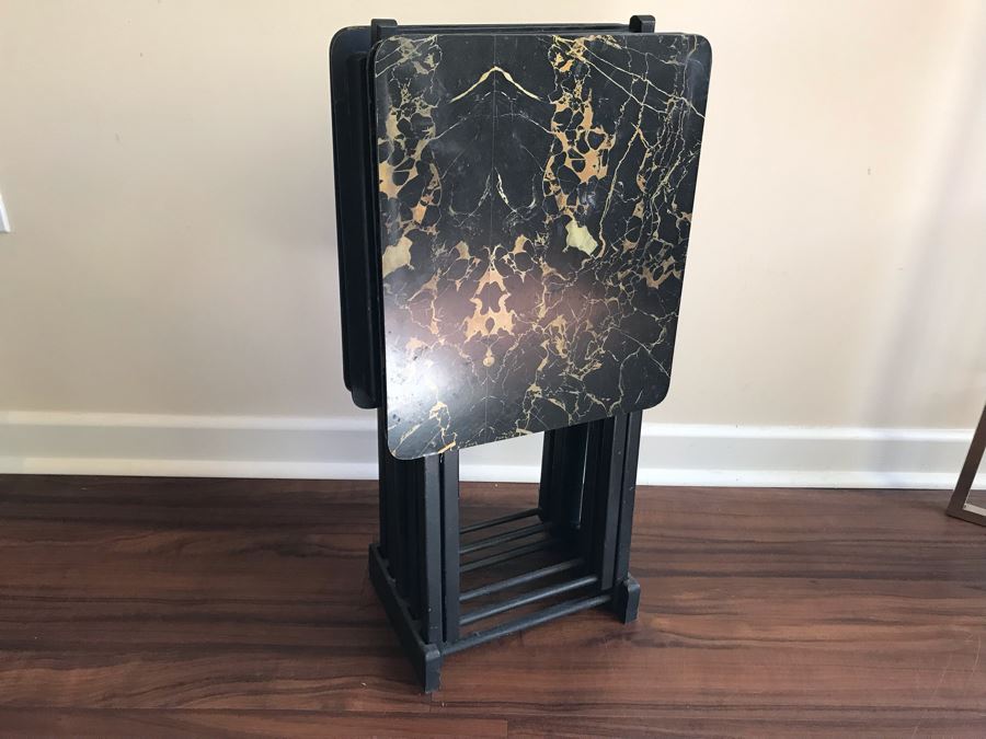 Set Of (4) Vintage Hostette Tables Genuine Woodcraft With Storage Caddy Folding [Photo 2]