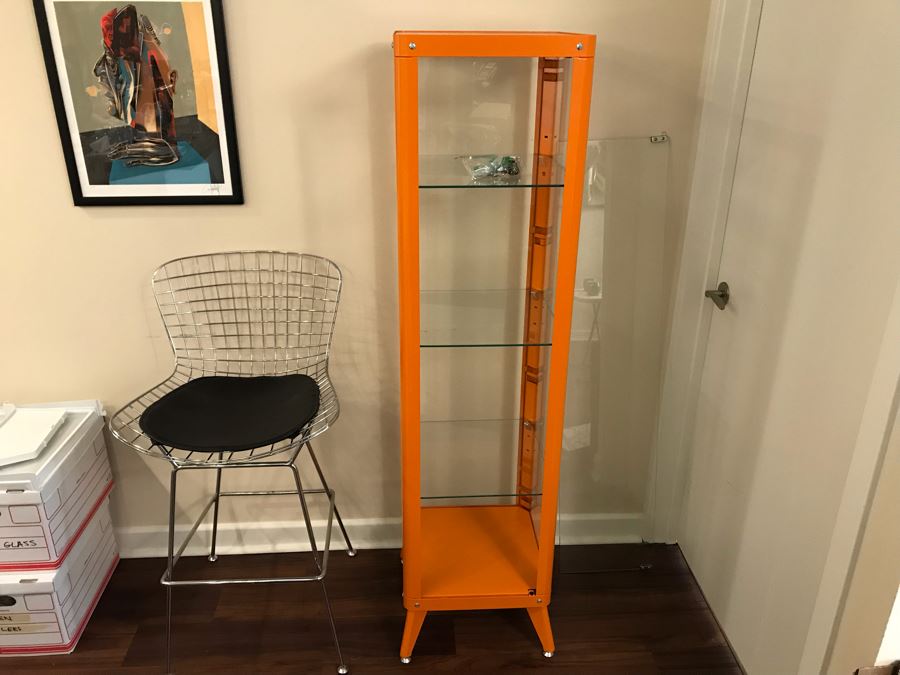 Painted Orange Metal Display Cabinet With Front Glass Door [Photo 1]