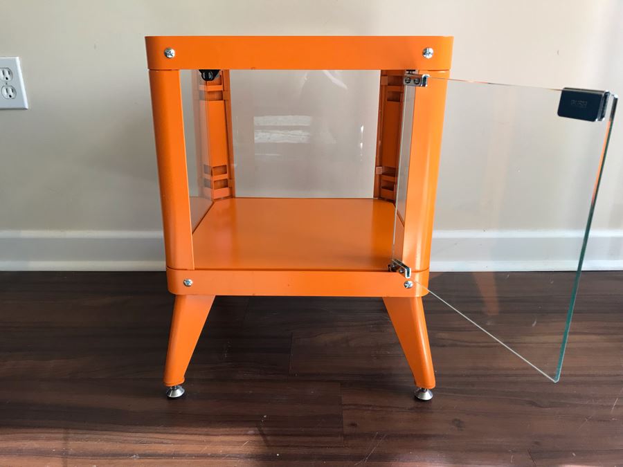 Painted Orange Metal Display Cabinet Side Table With Front Glass Door [Photo 5]
