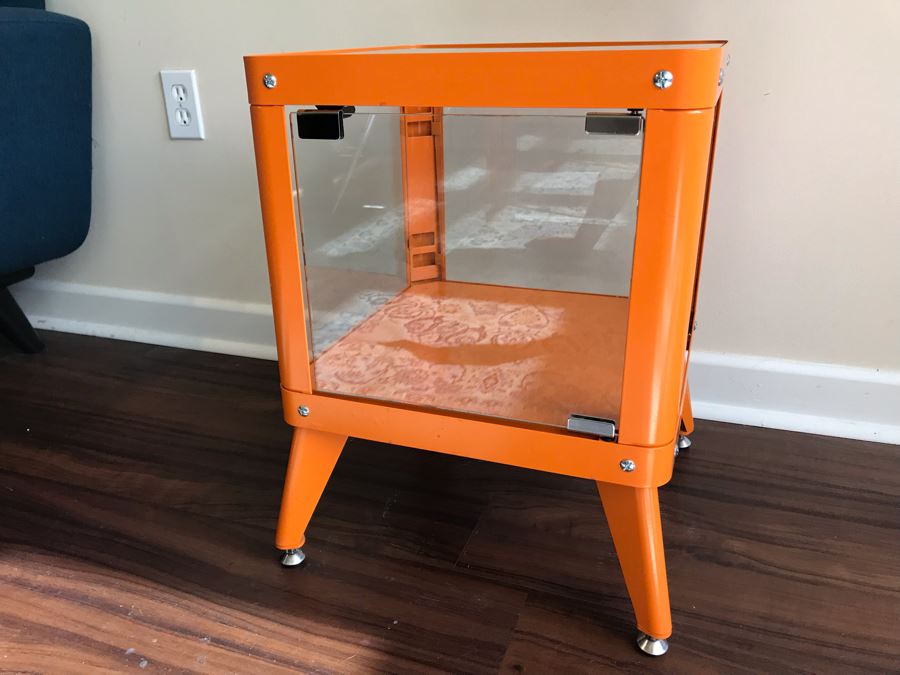 Painted Orange Metal Display Cabinet Side Table With Front Glass Door [Photo 4]
