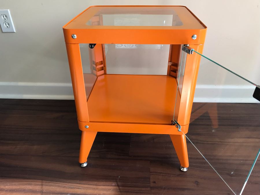 Painted Orange Metal Display Cabinet Side Table With Front Glass Door [Photo 6]