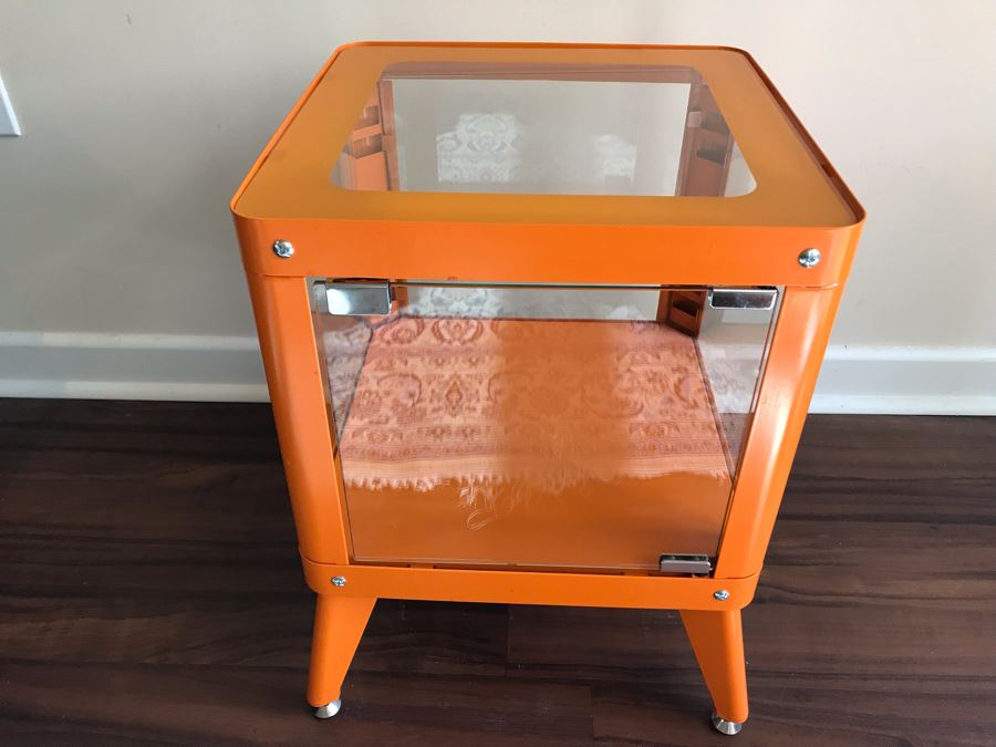 Painted Orange Metal Display Cabinet Side Table With Front Glass Door [Photo 3]