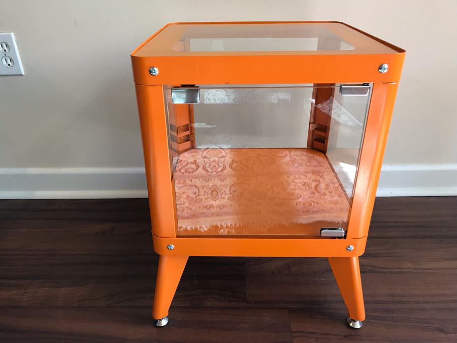 Painted Orange Metal Display Cabinet Side Table With Front Glass Door [Photo 1]