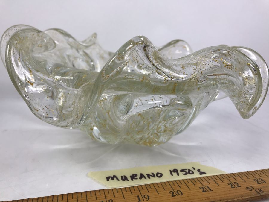 Rare 1950's Large Murano Glass Bowl With Gold Tone Flakes In Glass 11'W X 4.5'H [Photo 12]