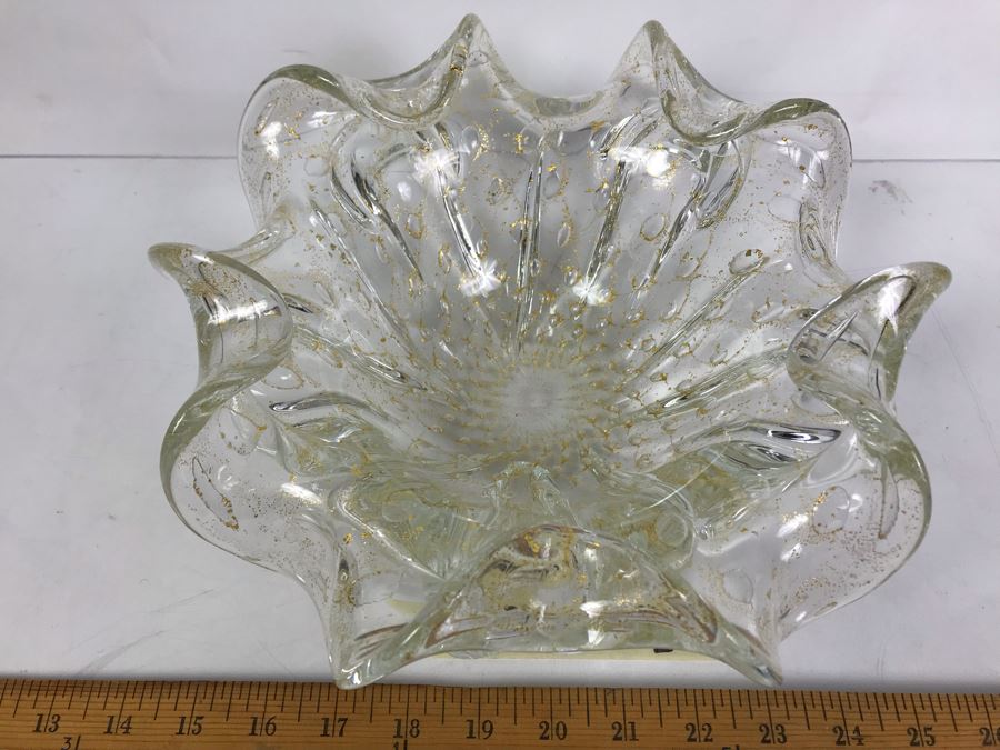 Rare 1950's Large Murano Glass Bowl With Gold Tone Flakes In Glass 11'W X 4.5'H [Photo 6]