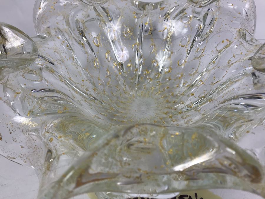 Rare 1950's Large Murano Glass Bowl With Gold Tone Flakes In Glass 11'W X 4.5'H [Photo 7]