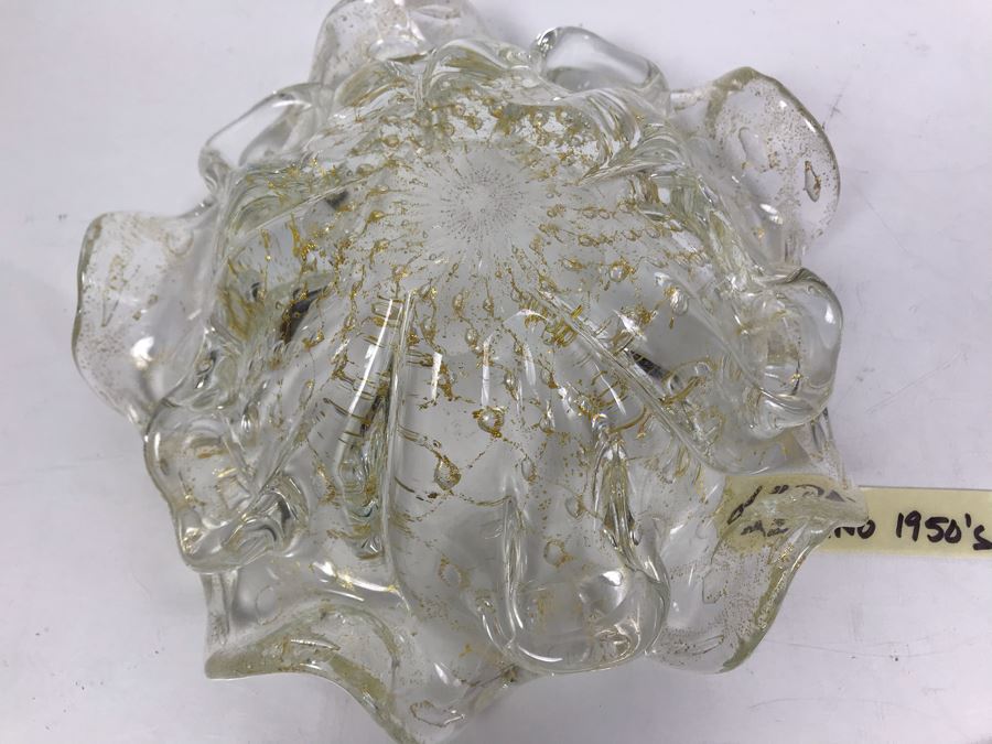 Rare 1950's Large Murano Glass Bowl With Gold Tone Flakes In Glass 11'W X 4.5'H [Photo 18]