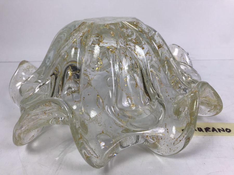 Rare 1950's Large Murano Glass Bowl With Gold Tone Flakes In Glass 11'W X 4.5'H [Photo 17]