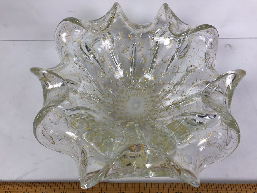 Rare 1950's Large Murano Glass Bowl With Gold Tone Flakes In Glass 11'W X 4.5'H [Photo 10]