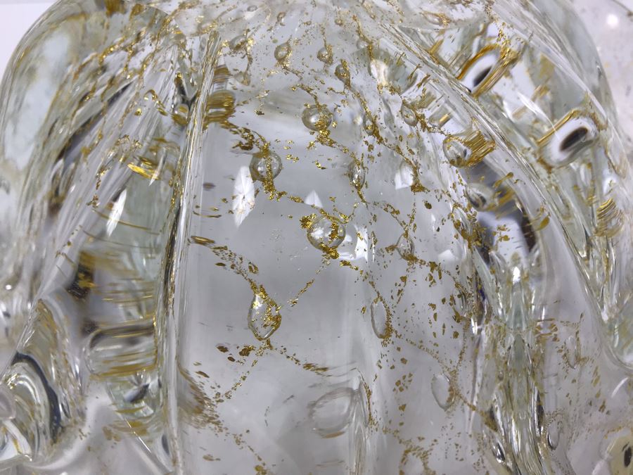 Rare 1950's Large Murano Glass Bowl With Gold Tone Flakes In Glass 11'W X 4.5'H [Photo 19]