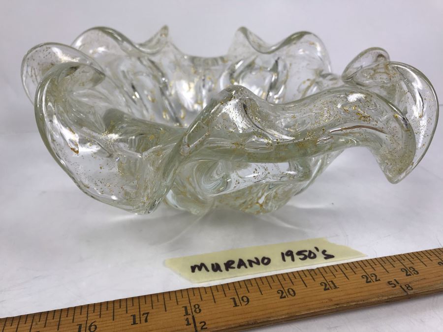 Rare 1950's Large Murano Glass Bowl With Gold Tone Flakes In Glass 11'W X 4.5'H [Photo 13]