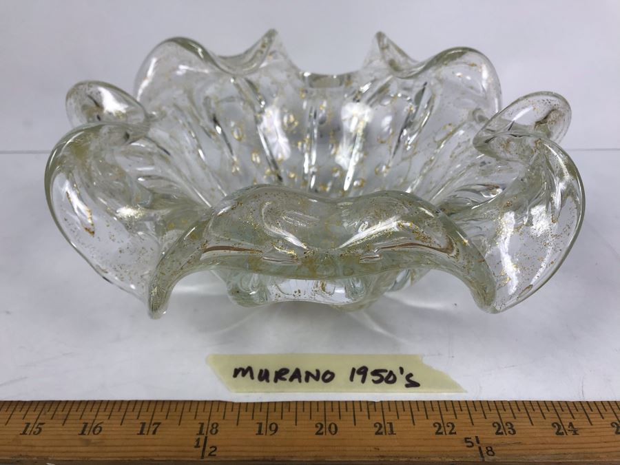 Rare 1950's Large Murano Glass Bowl With Gold Tone Flakes In Glass 11'W X 4.5'H [Photo 3]