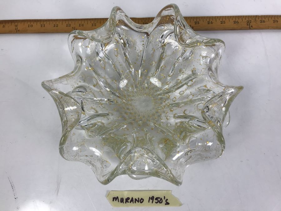 Rare 1950's Large Murano Glass Bowl With Gold Tone Flakes In Glass 11'W X 4.5'H [Photo 2]