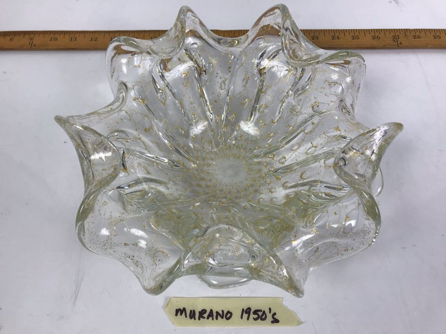 Rare 1950's Large Murano Glass Bowl With Gold Tone Flakes In Glass 11'W X 4.5'H [Photo 1]
