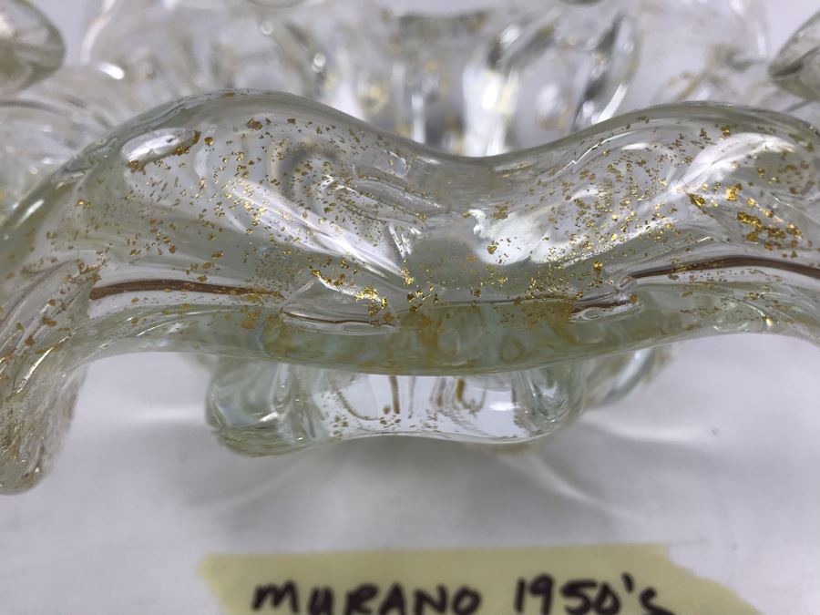Rare 1950's Large Murano Glass Bowl With Gold Tone Flakes In Glass 11'W X 4.5'H [Photo 8]