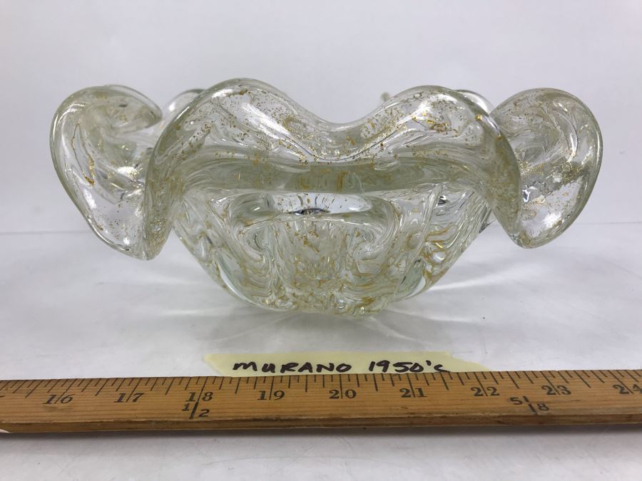Rare 1950's Large Murano Glass Bowl With Gold Tone Flakes In Glass 11'W X 4.5'H [Photo 5]