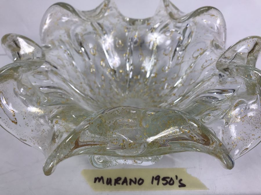 Rare 1950's Large Murano Glass Bowl With Gold Tone Flakes In Glass 11'W X 4.5'H [Photo 9]
