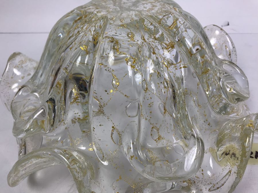 Rare 1950's Large Murano Glass Bowl With Gold Tone Flakes In Glass 11'W X 4.5'H [Photo 16]