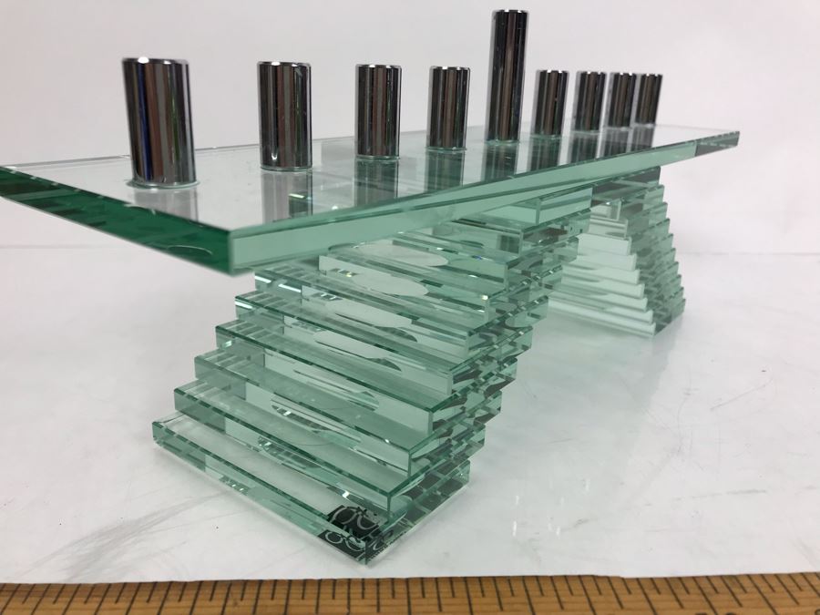 Prima Donna Modernist Glass Menorah Candle Holder 12.5'W X 9'H [Photo 6]