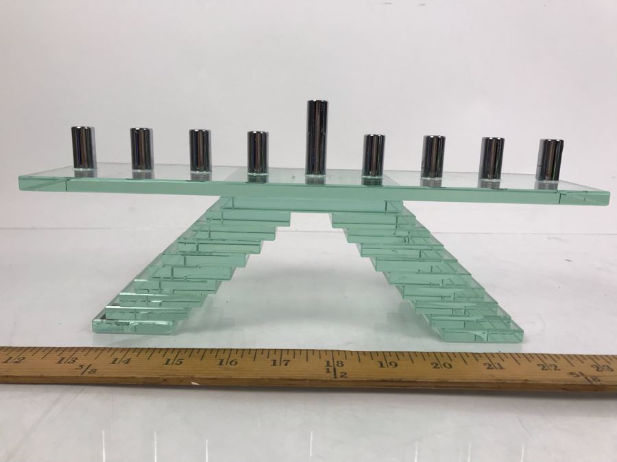 Prima Donna Modernist Glass Menorah Candle Holder 12.5'W X 9'H [Photo 3]
