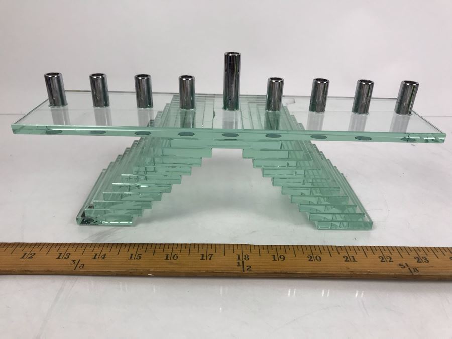 Prima Donna Modernist Glass Menorah Candle Holder 12.5'W X 9'H [Photo 2]