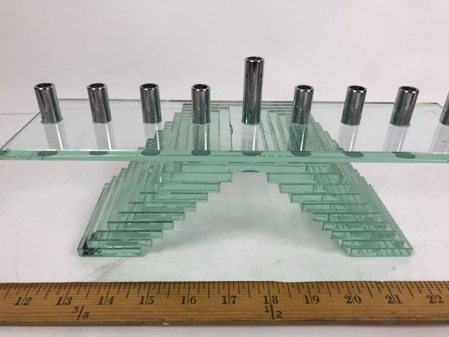 Prima Donna Modernist Glass Menorah Candle Holder 12.5'W X 9'H [Photo 4]