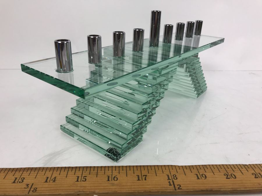 Prima Donna Modernist Glass Menorah Candle Holder 12.5'W X 9'H [Photo 5]