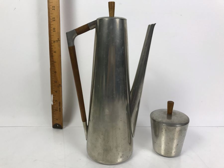Mid-Century Modern Royal Holland Pewter KMD Tiel Coffee Pot With Lidded Cup Made In Holland 12'H