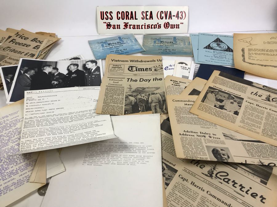 Various Photographs, Change Of Command Programs For USS Kitty Hawk (CV 63) And USS Coral Sea, Documents, Newspapers, USS Coral Sea Bumper Sticker - See Photos [Photo 1]