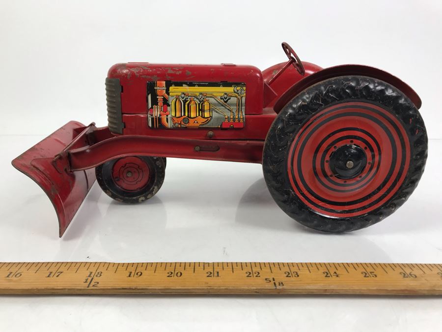 Vintage 1950's Marx Toys Tin Litho Tractor Farm Equipment Toy With Front Plow [Photo 10]