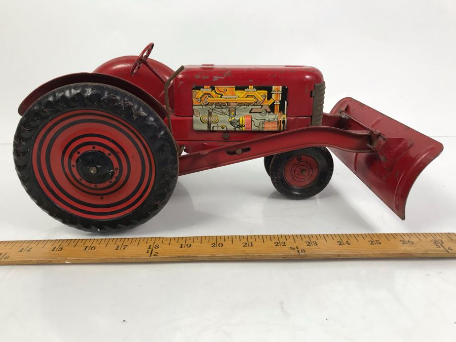 Vintage 1950's Marx Toys Tin Litho Tractor Farm Equipment Toy With Front Plow [Photo 3]