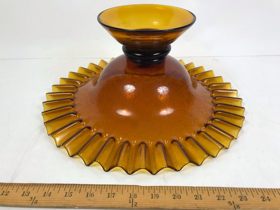 Large Amber Glass Footed Bowl With Fluted Rim 14'W [Photo 7]