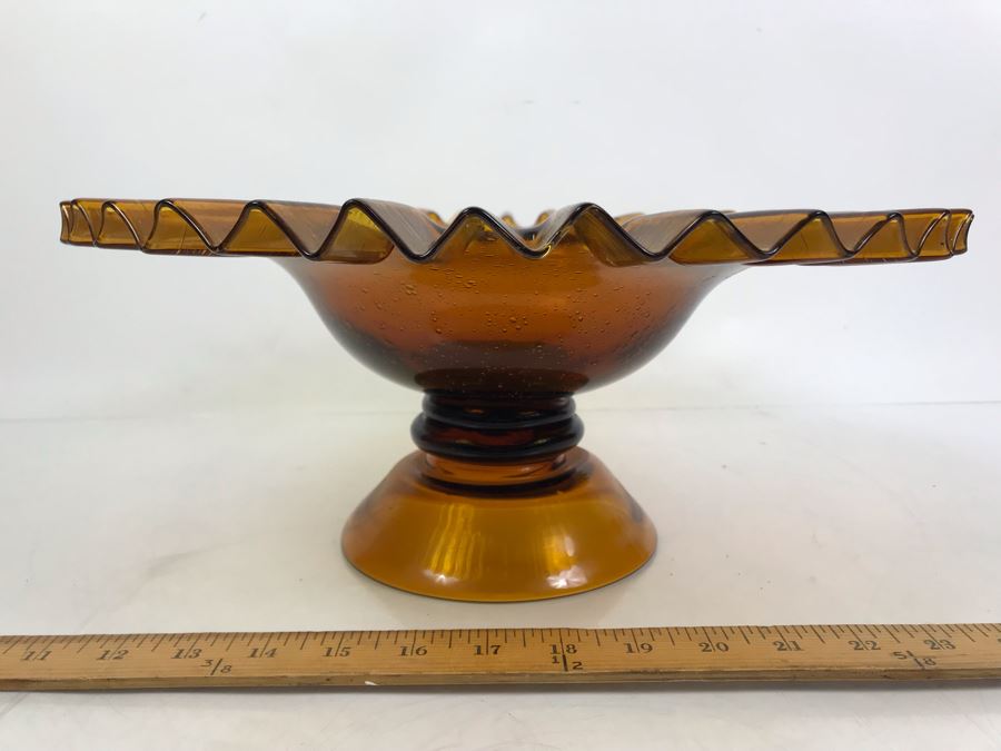 Large Amber Glass Footed Bowl With Fluted Rim 14'W [Photo 5]