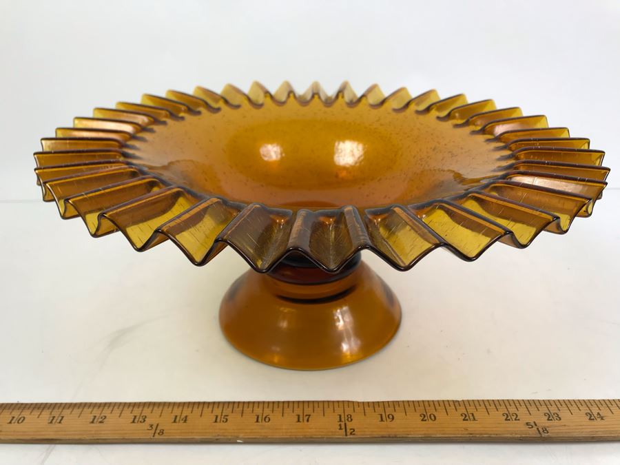 Large Amber Glass Footed Bowl With Fluted Rim 14'W [Photo 2]