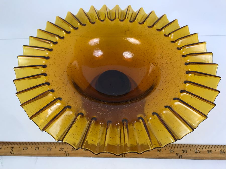 Large Amber Glass Footed Bowl With Fluted Rim 14'W [Photo 1]