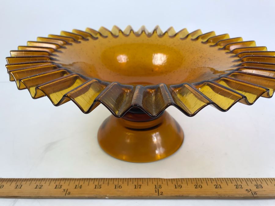 Large Amber Glass Footed Bowl With Fluted Rim 14'W [Photo 4]
