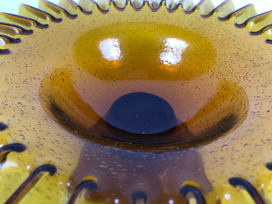 Large Amber Glass Footed Bowl With Fluted Rim 14'W [Photo 6]