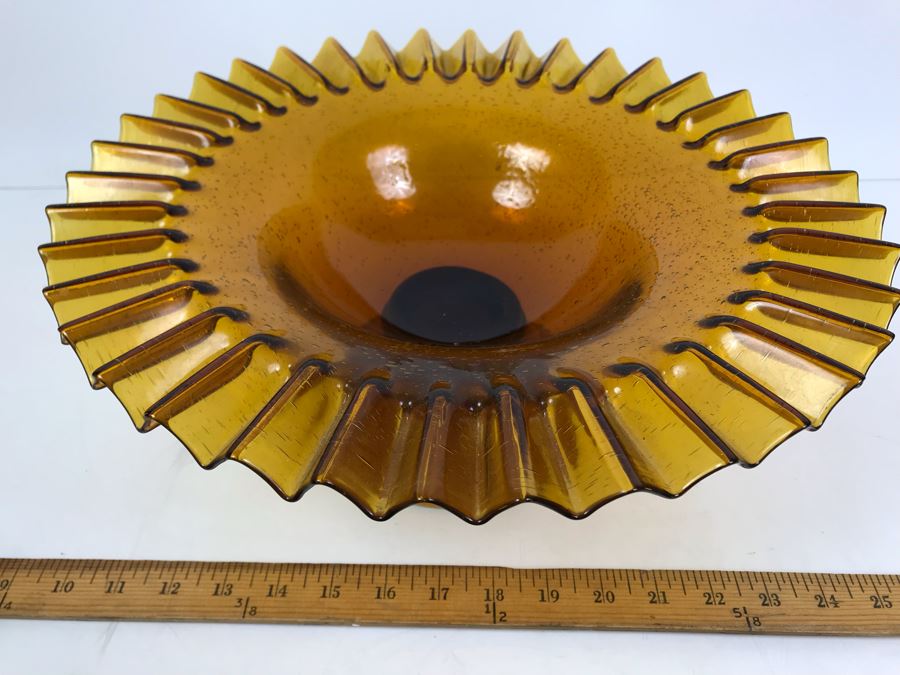Large Amber Glass Footed Bowl With Fluted Rim 14'W [Photo 3]
