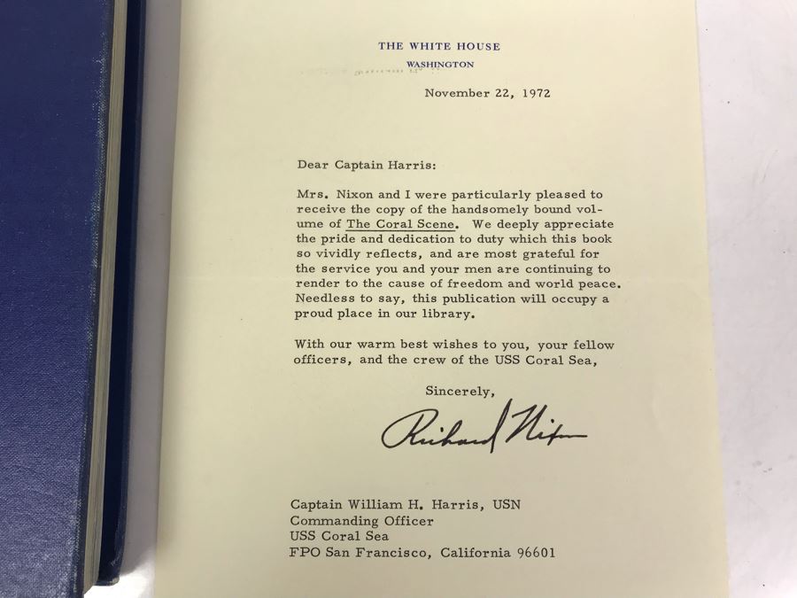 1972 SIGNED Personalized Letter From The White House Signed By Richard Nixon And Volume Of USS Coral Sea (CVA-43) The Coral Scene 1971-1972 Cruise Book Pacific Deployment - SEE PHOTOS [Photo 2]