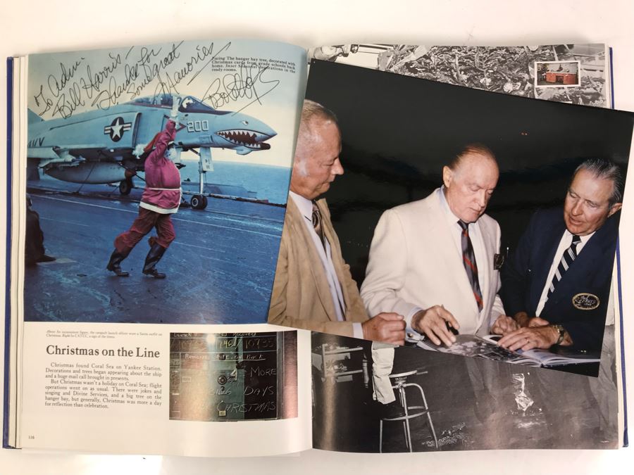 Bob Hope SIGNED Volume Of USS Coral Sea (CVA-43) The Coral Scene 1971-1972 Cruise Book Pacific Deployment And Photograph Of Bob Hope With William 'Bill' H. Harris, RADM, USN (Ret.)