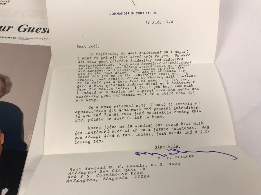 Change Of Command Program For USS Coral Sea CVA-43 1971 And 1972, Signed Photograph Of USS Kitty Hawk, Signed 1978 Letter From Navy Commander In Chief Pacific Maurice F. Weisner And More [Photo 13]