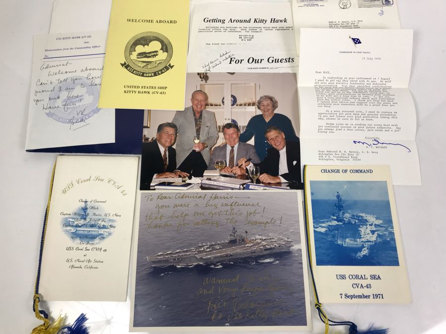 Change Of Command Program For USS Coral Sea CVA-43 1971 And 1972, Signed Photograph Of USS Kitty Hawk, Signed 1978 Letter From Navy Commander In Chief Pacific Maurice F. Weisner And More