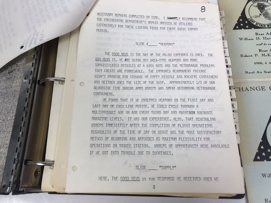 Notebook With Dozens Of Speeches Written And Delivered By William 'Bill' H. Harris, RADM, USN (Ret.) Incl Speeches Addressing Vietnam War Coral Sea Combat Deployment Debrief & (2) Change Of Command Programs Commander Light Attack Wing Pacific - See Photos [Photo 11]