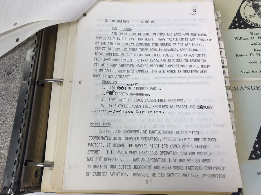 Notebook With Dozens Of Speeches Written And Delivered By William 'Bill' H. Harris, RADM, USN (Ret.) Incl Speeches Addressing Vietnam War Coral Sea Combat Deployment Debrief & (2) Change Of Command Programs Commander Light Attack Wing Pacific - See Photos [Photo 6]